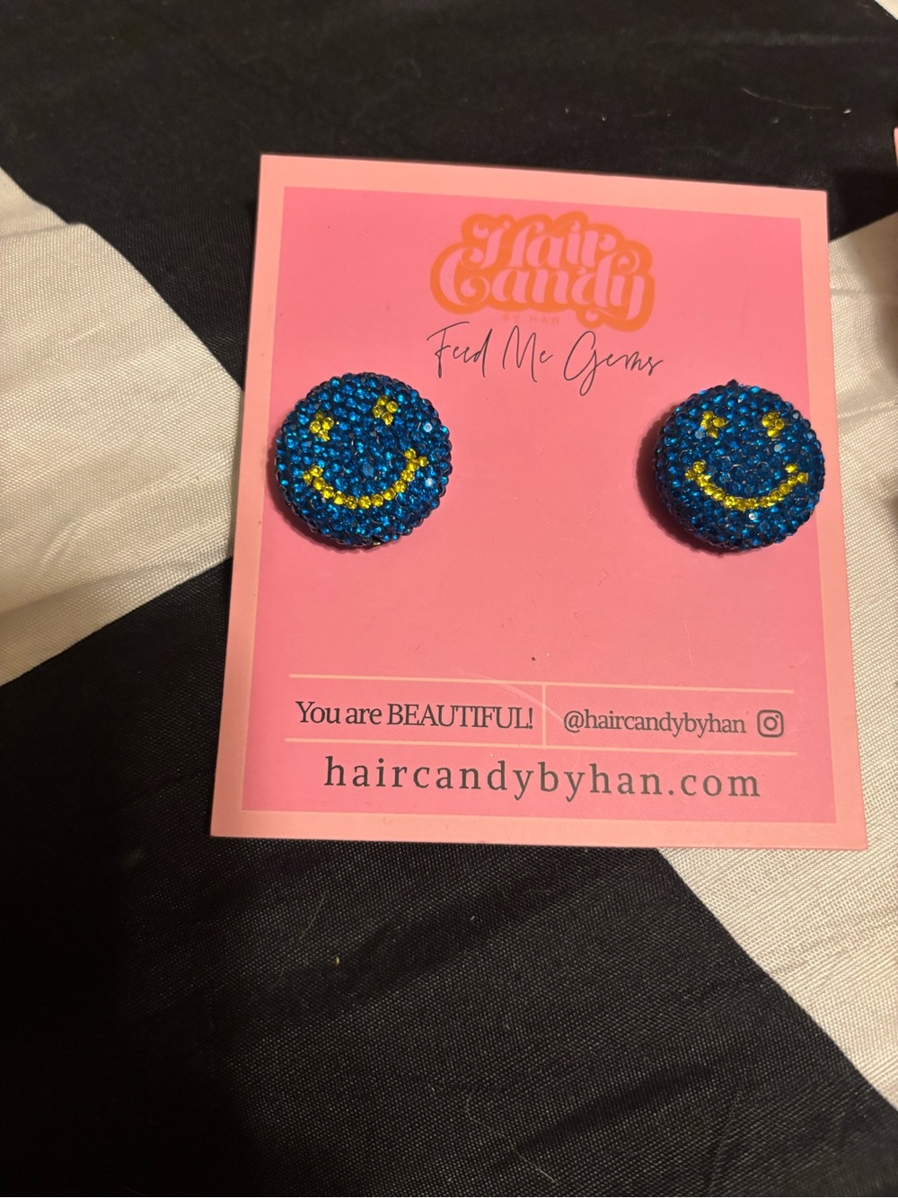 Feed me Gems- Blue Rhinestone Smiley Stud Earrings with Yellow Accents